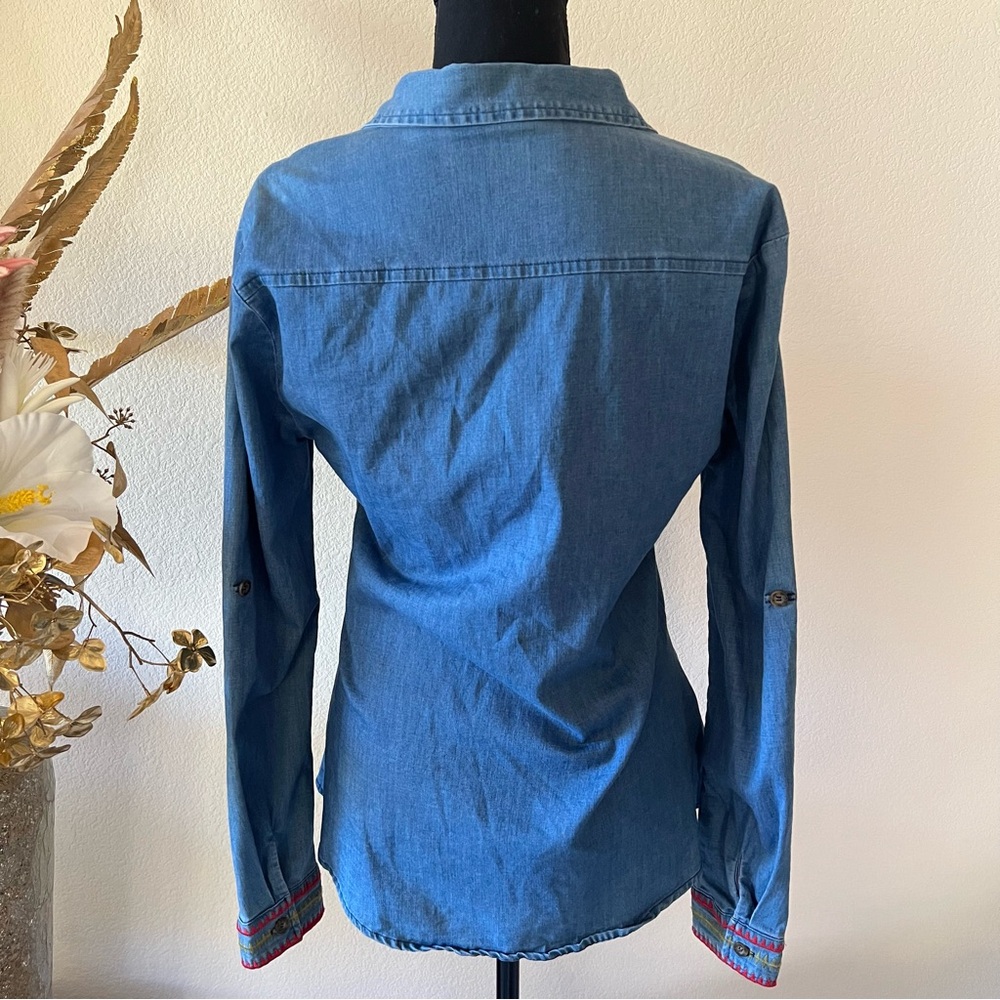 La Diosa Aztec Embroidered Denim Button-Up Long Sleeve Medium - Picture 3 of 11